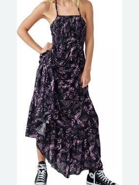 Free People Black Floral Maxi Dress with Pink Print